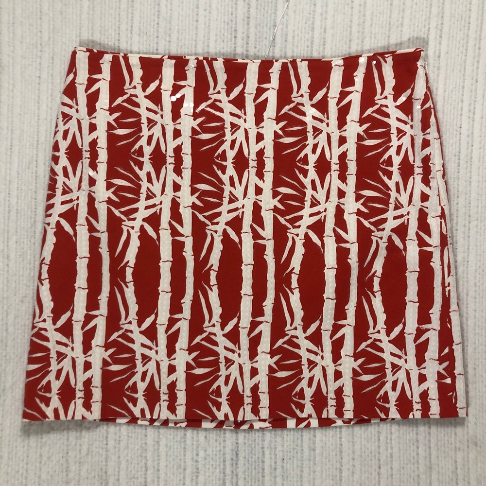 Michael Kors Red White Bamboo Sequin Mini Skirt‎ Size 12 Cotton Blend Floral